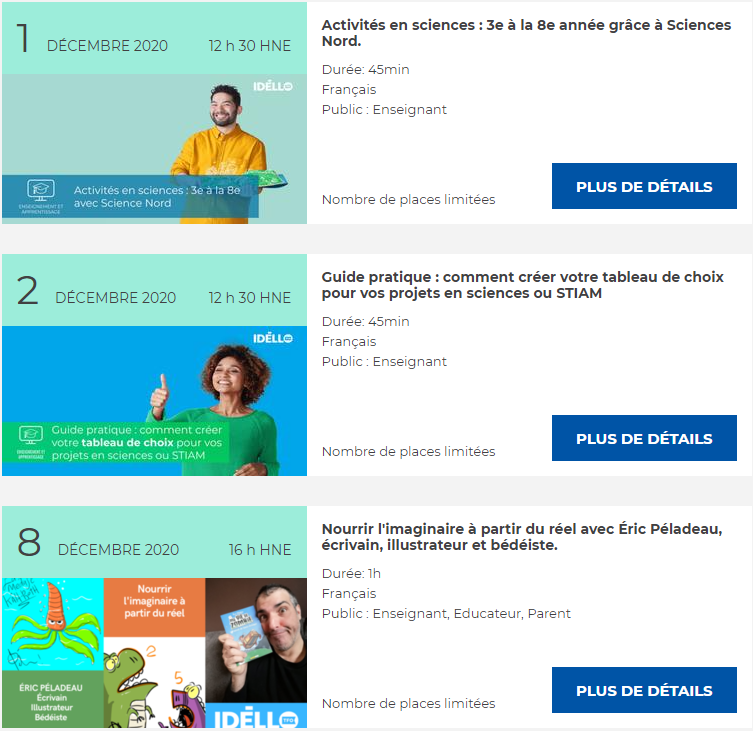 JLepine_Vireo's tweet photo. Mes #webinaires à l'horaire début #décembre : plans de cours en #sciences, créer votre Tableau de choix #choiceboard, Nourrir l'imaginaire avec Éric Péladeau. Il y en a pour tous les goûts!
#créativité #apprentissage #idello
👉https://t.co/twILcyiSzh https://t.co/C8LkCYqixW