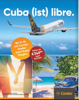 Was für ein tolle Anzeige.. Cuba (ist) libre... und sicher. Mit 3,4 Neuinfektionen auf 100.000 Einwohner in den letzten sieben Tagen haben die Kubaner #Corona gut im Griff. (Vergleich: Deutschland: 150,3) Source: ECDC #flysafe #condor