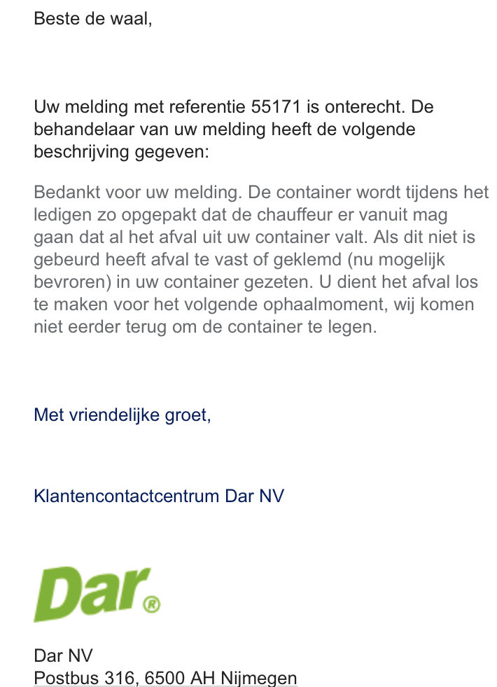 roeldewaal's tweet photo. Wat een klantvriendelijke en behulpzame reactie WEER van @dar_nv - Beste buurt in @bergendalgem, we zullen u voortaan om 7.15u wakker maken door onze kliko te beroeren!! https://t.co/4wC19hGJQt