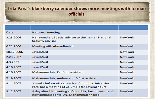9)Parsi had direct access to senior Iranian regime officials:- Former president Mahmoud Ahmadinejad-Zarif (on several occasions)-Nahavandian, special advisor to Iran’s National Security advisor-Gholamhossein Mohammadnia, Zarif’s top assistant http://www.iraniansforum.com/index.php/factbook/384-parsi-and-zarif.html