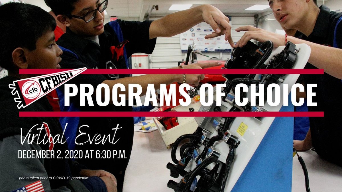 CFBISD's tweet photo. CFBISD is excited about its Programs of Choice Virtual Event on Wednesday, December 2 at 6:30 PM

Watch it here: https://t.co/AcDrdIRZ4i

Learn about programs in #CFBISD Pre-Kindergarten - 12th Grade

Make sure to share with your friends &amp; neighbors :) https://t.co/qBDVFR8EsQ