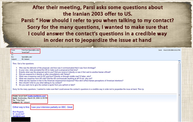 10)March 29, 2006—Parsi specifically asks Zarif what he thinks about various issues & seeks the opinions of Zarif, and/or his seniors in Tehran, in order to approve certain actions. Parsi clearly had close access to Zarif & others in the regime’s UN mission.