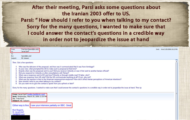 10) March 29, 2006—Parsi specifically asks Zarif what he thinks about various issues & seeks the opinions of Zarif, and/or his seniors in Tehran, in order to approve certain actions. Parsi clearly had close access to Zarif & others in the regime’s UN mission.