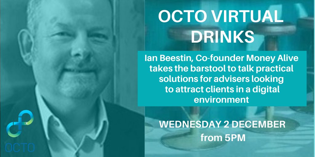 Virtual Drinks Weds 5pm: @IanBeestin takes the bar stool to offer practical suggestions for the digital age, in response to recent research covid has made it more difficult for advisers to attract new clients. Via app.octomembers.com or DM <a href="/leerobertson64/">Lee Robertson FCSI FRSA</a> or <a href="/sorrelmulhall/">Sorrel Mulhall</a>