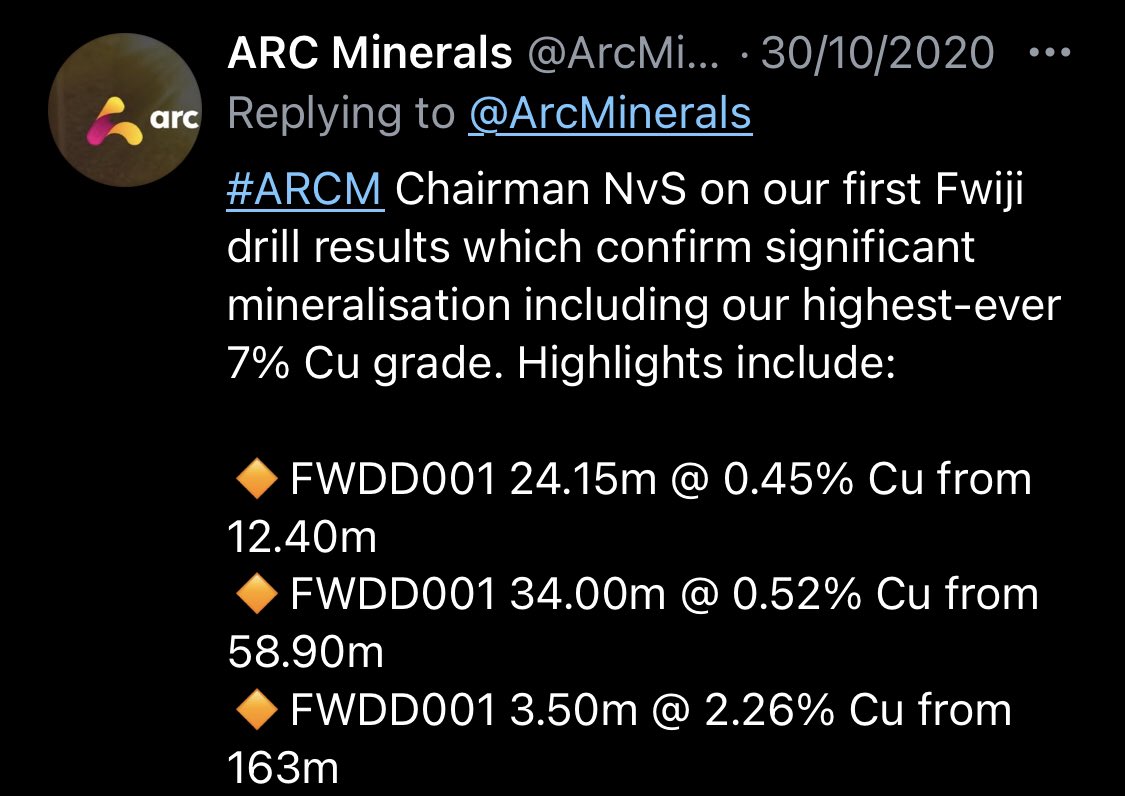  #ARCM Put two and two together with this quote from NvS on Fwiji:“Not only is this the first time we have found this area to be mineralised, but more importantly the carbonaceous shale unit is analogous to the host unit at First Quantum's Sentinel Deposit”