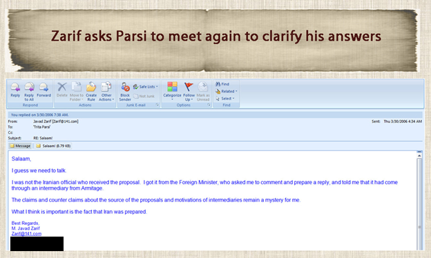 11) March 30, 2006—Zarif seeks another meeting with Parsi to clarify his answers. In this email Zarif shares sensitive information with Parsi, further indicating the latter’s very close relations with senior Iranian regime hierarchy.