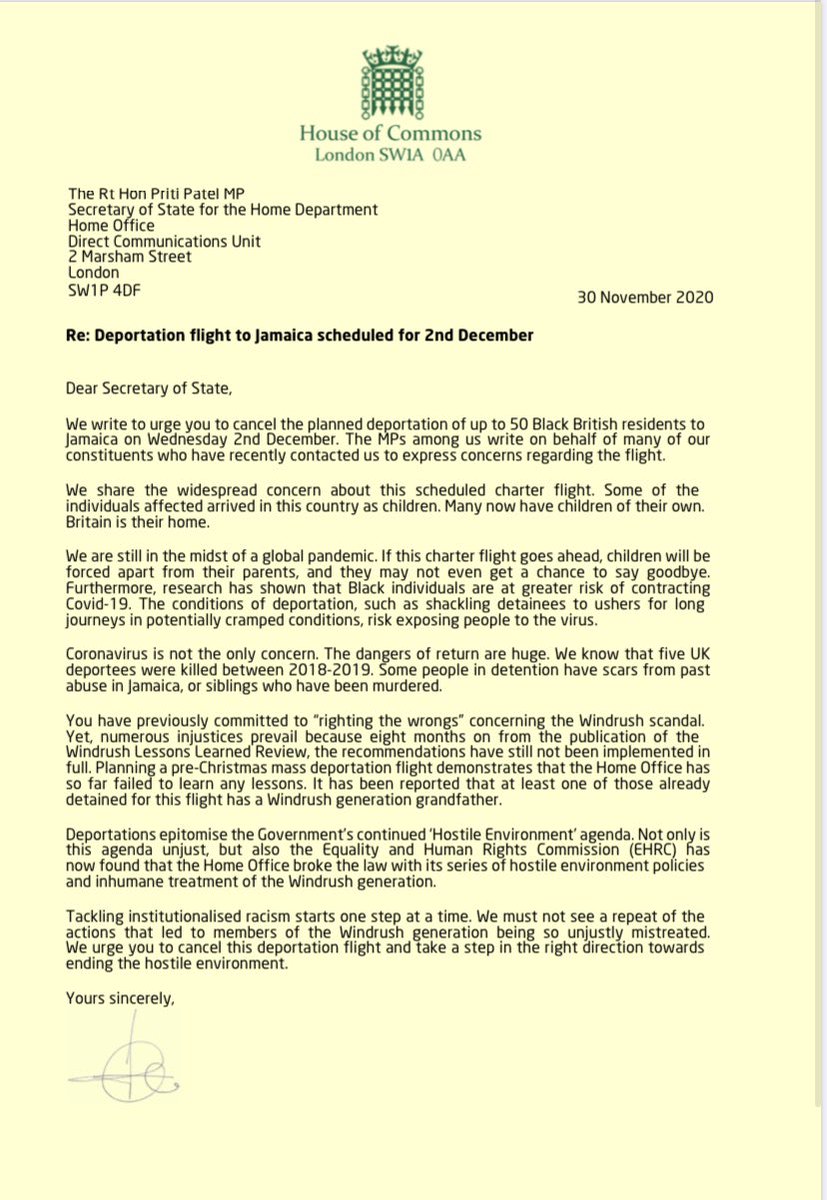 NadiaWhittomeMP's tweet photo. I've joined over 60 MPs and peers calling for the cancellation of the deportation flight to Jamaica scheduled for Wednesday.

This flight would separate 31 children from their fathers and put individuals at risk of violence and abuse. https://t.co/nVKDpGxmDS