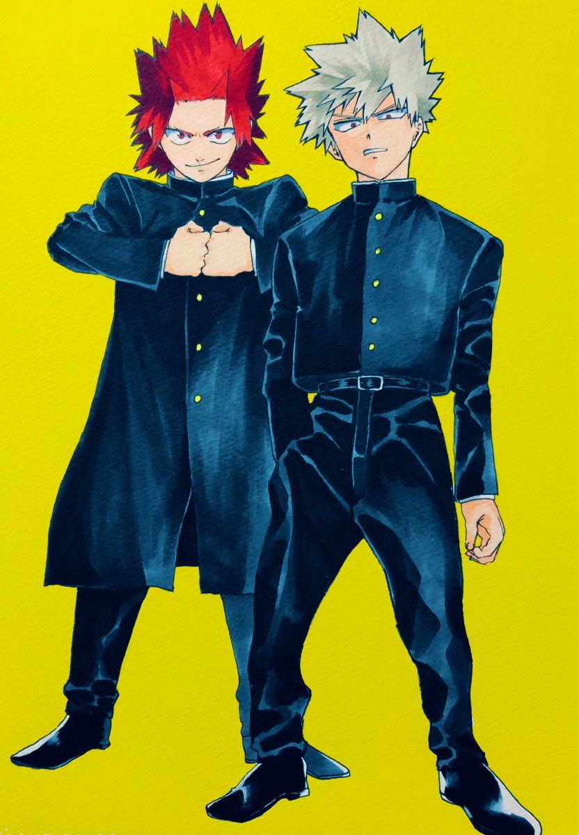 bakugou katsuki multiple boys spiked hair yellow background 2boys male focus red hair red eyes  illustration images