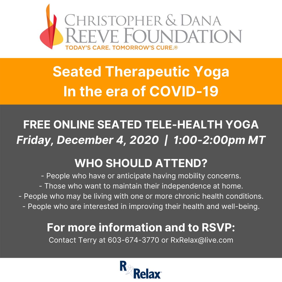 FREE online seated tele-health yoga opportunity from the <a href="/ReeveFoundation/">Christopher & Dana Reeve Foundation</a>! This seminar will describe &amp; demonstrate how you can use yoga, breath &amp; mindfulness techniques to enhance immune &amp; pulmonary function, manage uncertainty &amp; build overall resilience in these changing times.