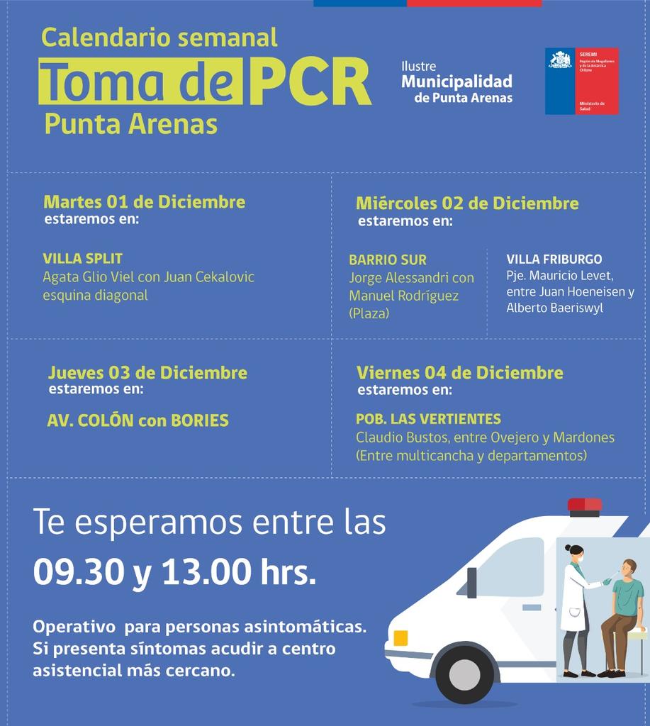 #PuntaArenas Durante esta semana continuamos con los Testeos Gratuitos en distintos Barrios y sectores de #puq Revisa el calendario en la siguiente gráfica ✍️👇😷