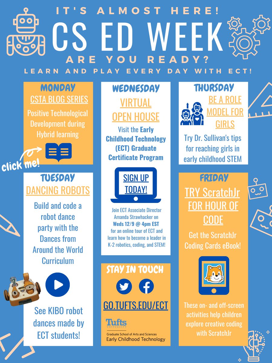 #HourofCode and #CSEdWeek are almost here! Are you ready? Learn &amp; Play every day with ECT!

We’ve got events and resources to keep you inspired all week! 

sites.tufts.edu/devtech/files/…

Join us on Weds 12/9 @ 4pm EST, and learn how you can spread EdTech learning all year long!