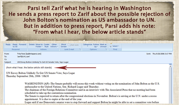 15)September 28, 2006—Parsi informs Zarif about what he is hearing in Washington, along with a press report, about the possible rejection of John Bolton’s nomination as U.S. Ambassador to the UN.