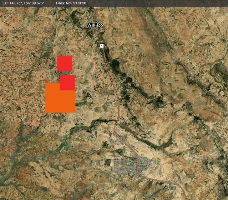 In northeast Tigray, there were fires near military bases on the road from the border to Adigrat on November 20, and more fires near military bases northwest of Freweyni on November 21