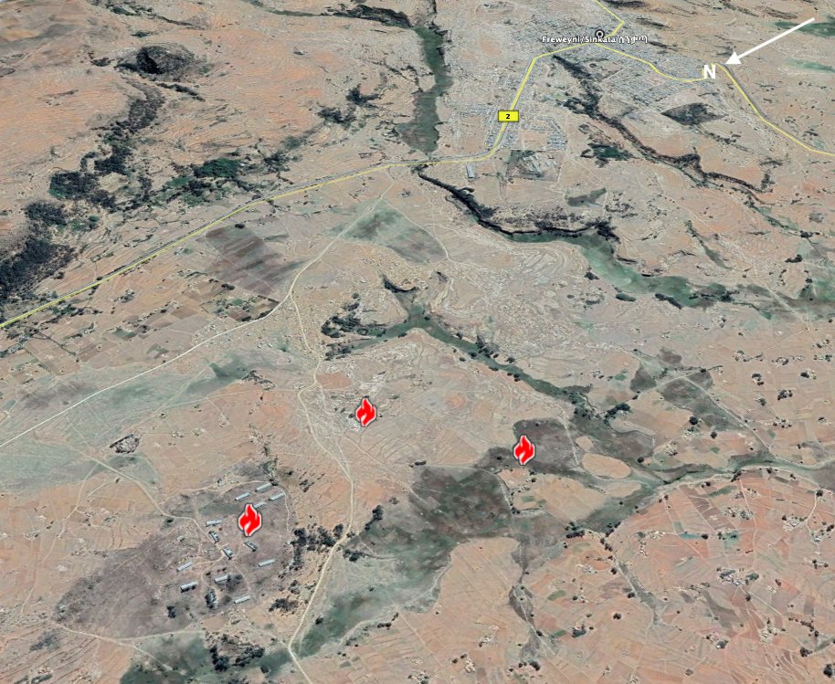 In northeast Tigray, there were fires near military bases on the road from the border to Adigrat on November 20, and more fires near military bases northwest of Freweyni on November 21