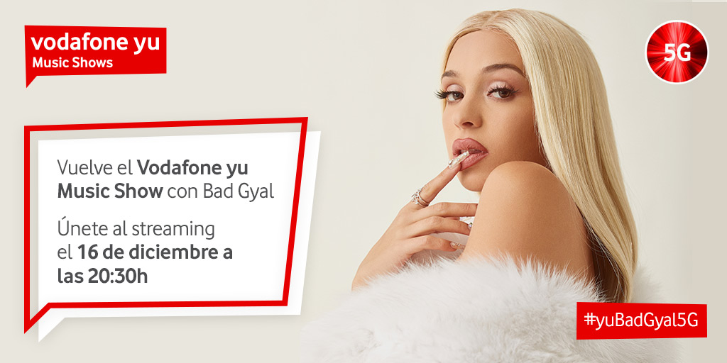 vodafoneyu's tweet photo. No, no Yuser. No tienes “Fiebre” 🌡️ has leído bien. El próximo 16 de diciembre a las 20:30h estaremos perreando a tope con Bad Gyal en el VYMS 💁‍♀️ En streaming, gracias a la red 5G de Vodafone, en nuestro Twitter o en https://t.co/vMApvmKnPo ✨  #yuBadGyal5G  @bad_gyal_pussy https://t.co/BFDBqOibsY