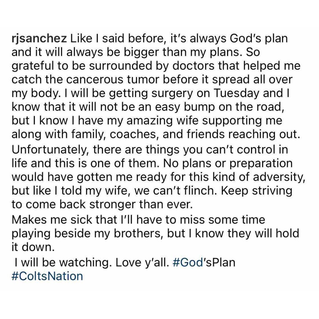 espn's tweet photo. .@Colts punter Rigoberto Sanchez shares that doctors found a cancerous tumor that will be removed Tuesday. 

(via @Rigojio88) https://t.co/f1WMdmfhmE