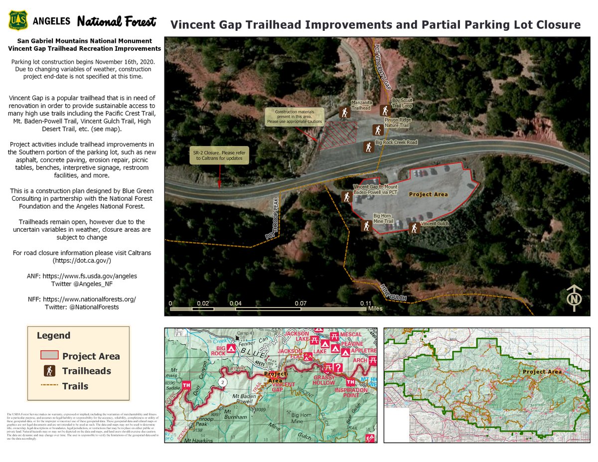 The Vincent Gap project includes replacing the kiosks, replacing the fences around the parking lot and along the first 50 feet of the PCT towards Mt. Baden Powell, minor erosion control along that same stretch of trail, re-paving the parking area, and repairing the restrooms.