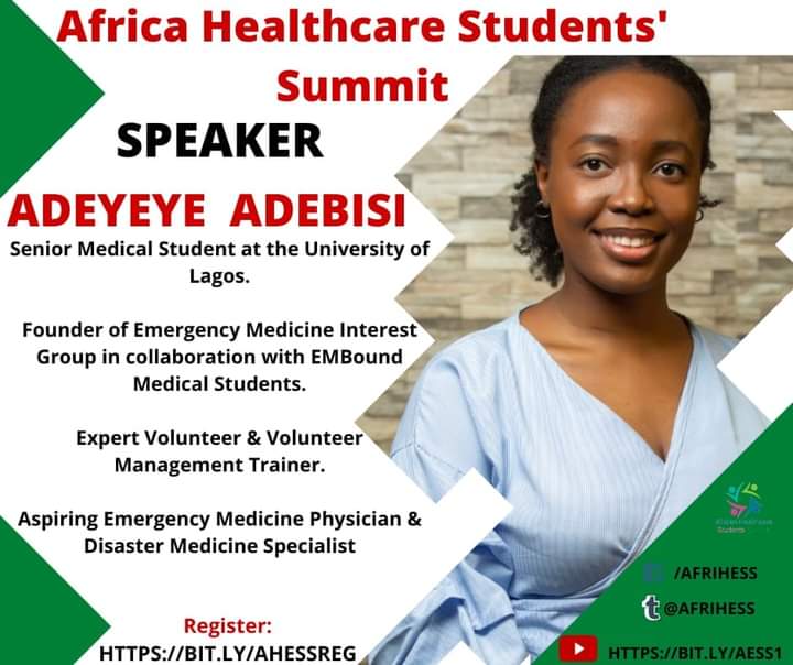 afrihess's tweet photo. Confirmed to speak at the 2020 Africa Healthcare Students' Summit (AHESS):
Adeyeye Adebisi, Nigeria.
More about her fantastic bio available here:
https://t.co/clusiEl6qh
Register here by 01 Dec 2020: https://t.co/JvLCiqtDto
#DontMissOut #AHESS2020 #UHC https://t.co/v4a6xvHATp