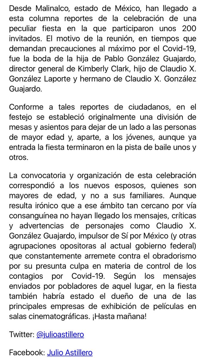 Unos 200 invitados en boda en #Malinalco de hija de Pablo González Guajardo (Kimberly Clark MX) hermano de <a href="/ClaudioXGG/">Claudio X. González G.</a> , directivo este de <a href="/SiPorMx/">SíPorMéxico</a> y de otras agrupaciones que critican fuertemente a <a href="/lopezobrador_/">Andrés Manuel</a> por los contagios y muertes por covid-19 (publicado en Astillero)