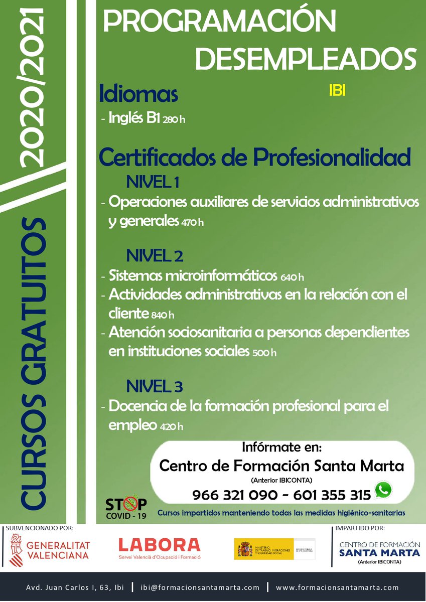 FormacionSantaM's tweet photo. Publicamos la programación de cursos gratuitos que vamos a impartir en nuestros centros de #Ibi y #Villajoyosa.
#FormaciónSantaMarta #FormaciónParaElEmpleo #InglésB1 #CertificadosDeProfesionalidad #Desempleados #Labora #Servef #Villajoyosa #Ibi #FórmateConNosotros https://t.co/cOvubL6L7t