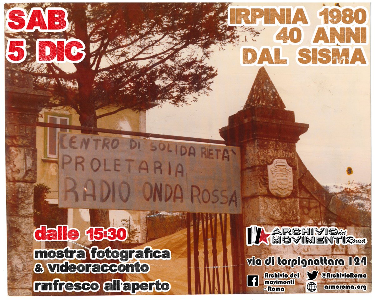 Archivio movimenti - Roma (@archivioroma) on Twitter photo Dopo tanto forzato silenzio rieccoci: sabato 5 dicembre ricordiamo il #terremotoirpinia di 40 anni fa e le iniziative dal basso a sostegno delle popolazioni colpite. Un modo per rivivere l'archivio e continuare a sostenerci #storianostra #SostieniLArchivio <a href="/Radiondarossa/">Radio Onda Rossa</a> Dopo tanto forzato silenzio rieccoci: sabato 5 dicembre ricordiamo il #terremotoirpinia di 40 anni fa e le iniziative dal basso a sostegno delle popolazioni colpite. Un modo per rivivere l'archivio e continuare a sostenerci #storianostra #SostieniLArchivio <a href="/Radiondarossa/">Radio Onda Rossa</a>