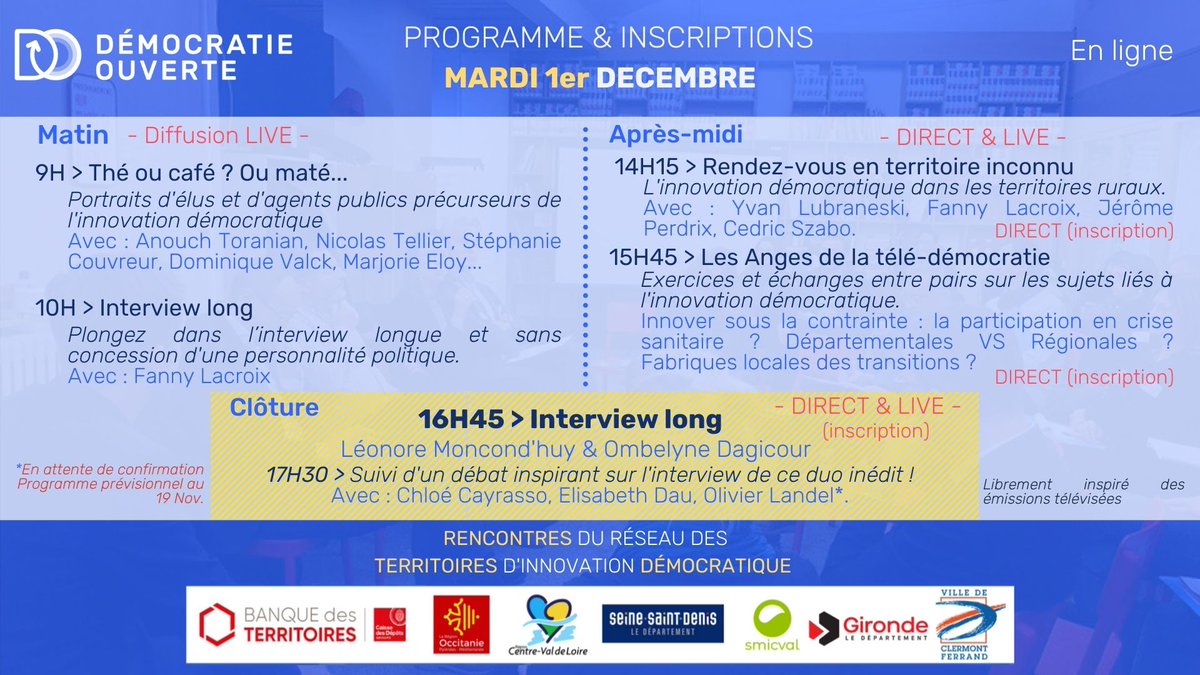 DemOuverte's tweet photo. Mardi 01/12 - 2ème journée de l’Edition 2020 des Rencontres du Réseau des Territoires d'Innovation - Pour suivre les échanges c’est par ici : https://t.co/AMCuaZGjno -Téléchargez le programme pour ne rien louper ! #RencontresDesTerritoires https://t.co/up0eU79RSE