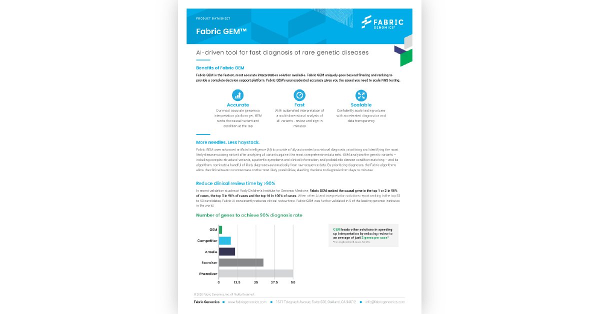 FabricGenomics's tweet image. See the data sheet on Fabric GEM, our new #AI-driven tool for fast diagnosis of rare genetic disease. With GEM, get 10x more cases with the same team to easily scale #NGStesting: bit.ly/36FQfiS 

#genomics #personalizedmedicine #medtwitter