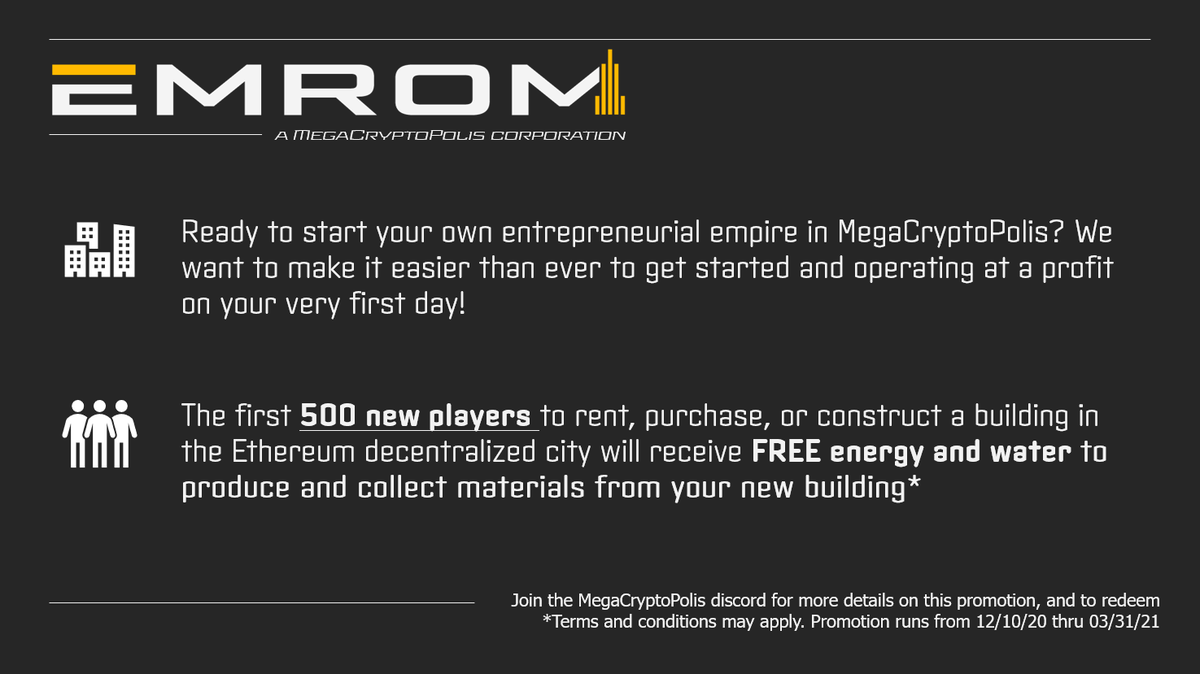 EmromCorp's tweet photo. The first 500 new players to join @MegaCryptoPolis and rent, buy, or construct a building in the #ETH world after @maticnetwork goes live on 12/10 will receive FREE energy and water compliments of #Emrom and @EmromCEO. Terms and conditions may apply. More details coming soon! https://t.co/mqBUmw32Qz