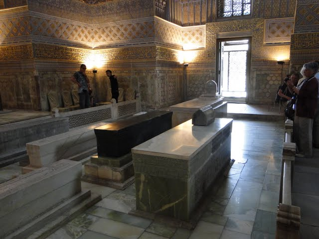 No thread of this kind would be complete without Amir Timur (Tamerlane). He is buried in the Gur-e-Amir mausoleum together with some of his and grandsons, and his spiritual teacher. The actual crypts are in a chamber beneath the stones (note Timur's jade stone)Samarkand 