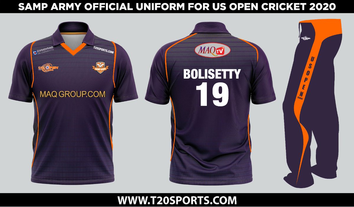 Samp Army official uniform for USOPEN CRICKET 2020.
order @ t20sports.com
#T20Sports #SampArmy #USOPEN2020 #Cricketgears #sportsgears
#USOPENCRICKET #CricketTogether