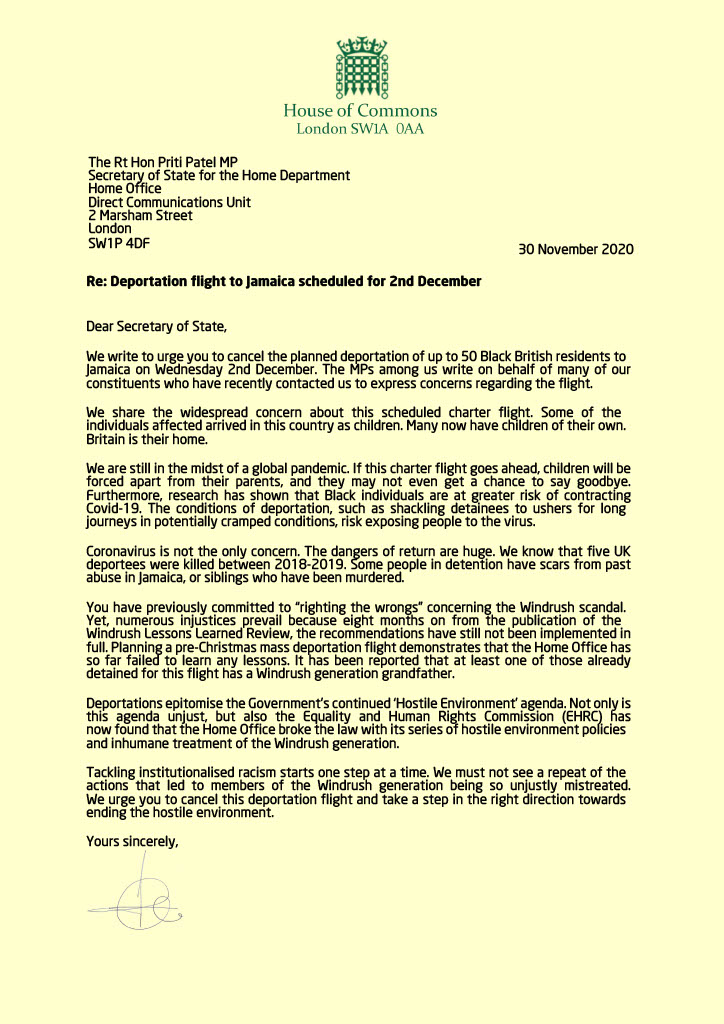 CarolineLucas's tweet photo. I’ve joined over 60 MPs &amp; peers urging Home Secretary to cancel the planned deportation flight to Jamaica

Some of those being deported came to UK as children &amp; are being split from their own children

We need to end the #hostileenvironment

#stoptheplane #Jamaica50 https://t.co/6ytxX06tP8
