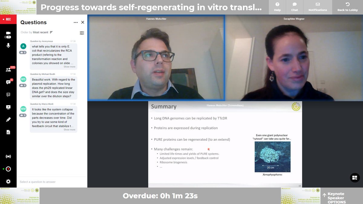 MaxSynBio's tweet photo. Speaker Hannes Mutschler, chair Seraphine Wegner and our lovely audience Symposium enter discussion Hannes' exciting talk "Progress towards self-regenerating in vitro translation systems" at our #MaxSynBio2020 https://t.co/iiWJSfcKxi