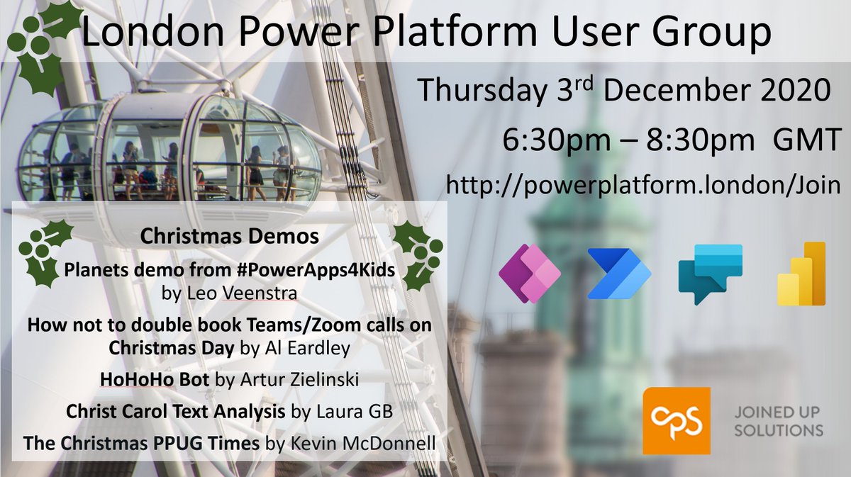 LondonPpug's tweet photo. London PPUG on Thursday 3rd Dec 6:30pm GMT has superb Christmas Demos. 
Come and join in the fun.

Register at https://t.co/mhFel9OfaR

#PowerPlatform #PowerApps #PowerAutomate #PowerVirtualAgents #PowerBI https://t.co/XphjnxQq3T
