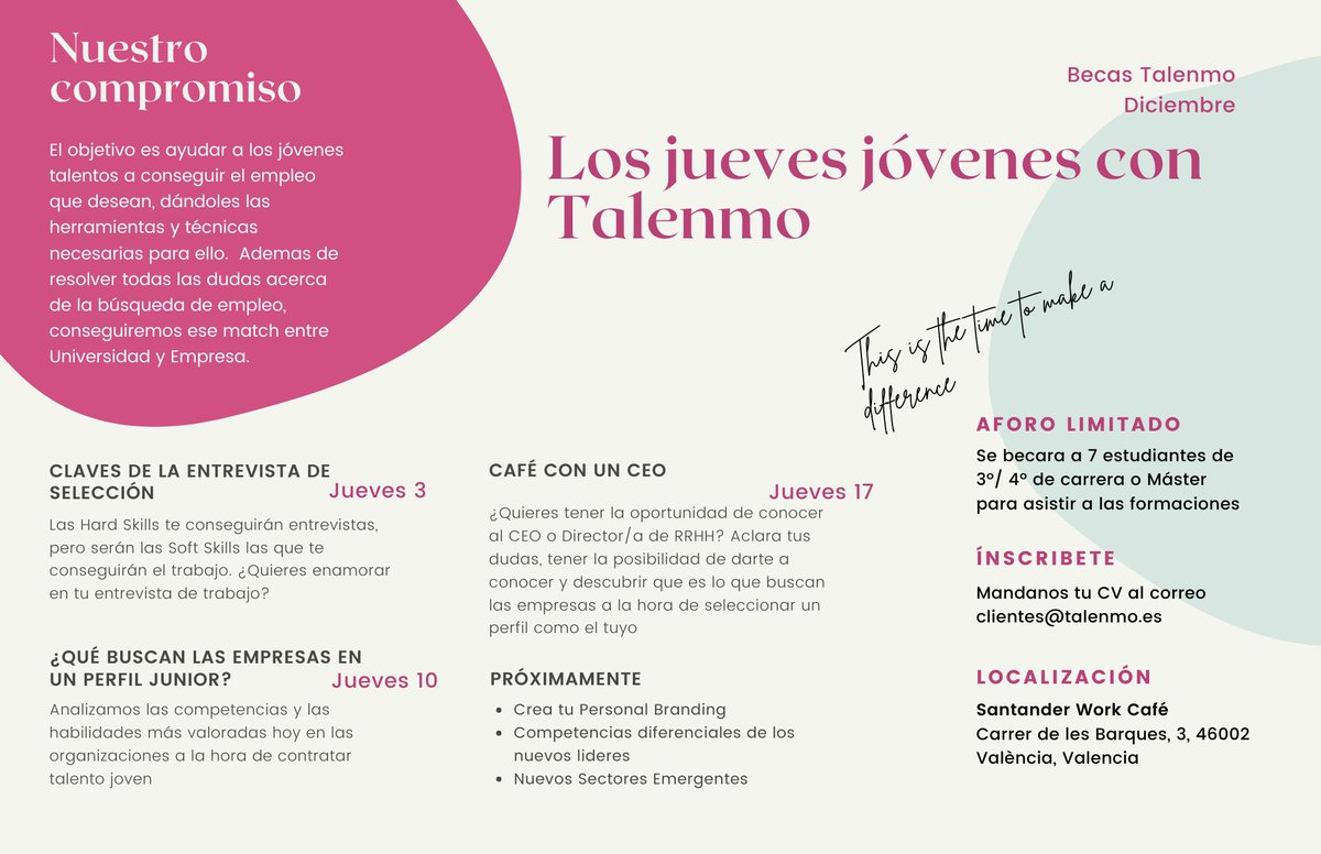 Nos alegramos de poder comunicaros que desde Talenmo se ha creado una iniciativa a favor del Talento Junior, para poder apoyarlos en la inserción laboral gracias a las BECAS TALENMO. Si cumples los requisitos no dudes en inscribirte puedes ser uno de los afortunados.