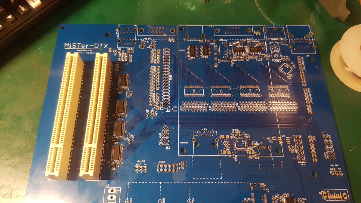 AshEvans81's tweet image. PCI sockets soldered.
I'm using a small ATmega on the ARM I2C bus, which will be used to enable the PCI buffers when ao486 is running.
(and to handle soft power on/off.)
But for now, I'll just force that, so I can carry on debugging the PCI logic.
#lazycoder