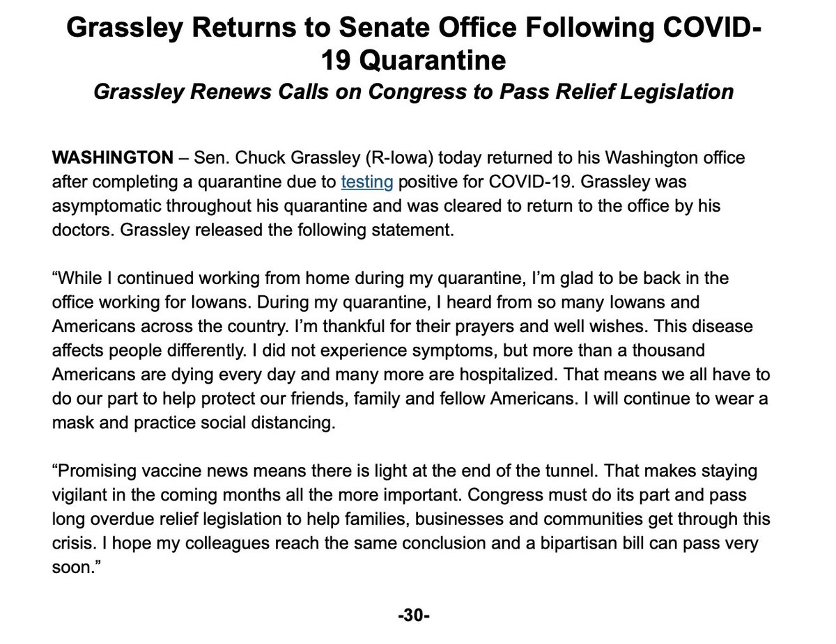 Grassley, 87, is back at the Senate today after testing positive for Covid-19. His office says he was asymptomatic the entire time. https://t.co/qJImIJl8ZC
