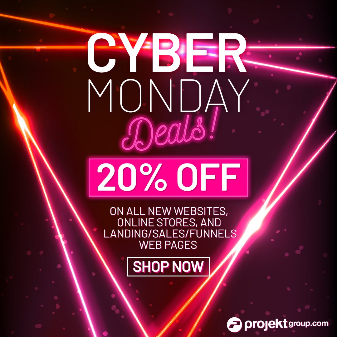 #CYBERMONDAY DEALS! For the enitre week!
20% OFF any NEW Website
Any NEW Online Store
Any NEW Sales page 
Any NEW Funnel page
Any NEW Landing Page
*Ends Sunday at Midnight
Shop or contact us NOW!
Share with friends that need a new website, new online store, or a new sales page👍