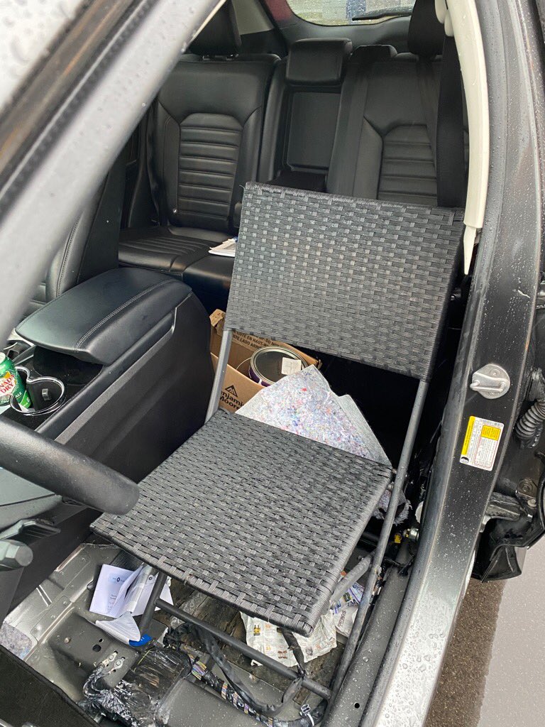 HRPS_Traffic's tweet photo. Just when you think you have seen it all.  Yes that’s the drivers “seat”.

Our Traffic Officers stopped this unfit vehicle this morning on Appleby Line.

Licence plates removed, car towed, and driver summonsed to court for Unsafe Vehicle and Seatbelt Inoperative #RoadSafety ^MRT https://t.co/XzhljgNIKo