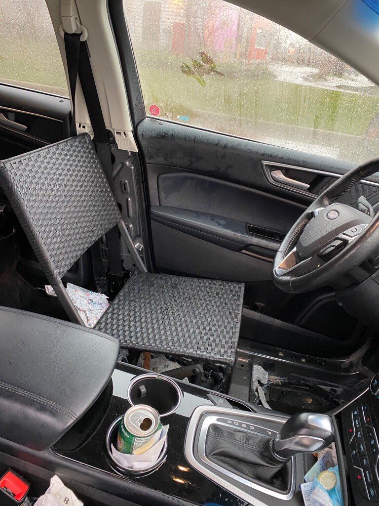 HRPS_Traffic's tweet photo. Just when you think you have seen it all.  Yes that’s the drivers “seat”.

Our Traffic Officers stopped this unfit vehicle this morning on Appleby Line.

Licence plates removed, car towed, and driver summonsed to court for Unsafe Vehicle and Seatbelt Inoperative #RoadSafety ^MRT https://t.co/XzhljgNIKo
