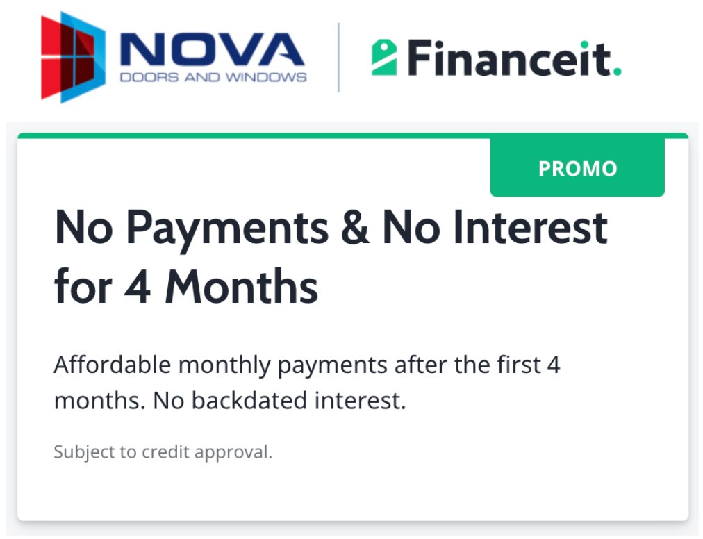 financeit's tweet photo. Partner Showcase: @Novadoors

NO INTEREST FOR 4 MONTHS FINANCING!!!
https://t.co/wX0uJ8xdmH

PROMO: No Payments &amp; No Interest for 4 Months
Affordable monthly payments after the first 4 months. No backdated interest. (*Subject to credit approval.)  #financingsolutions https://t.co/grtmwZYkpq