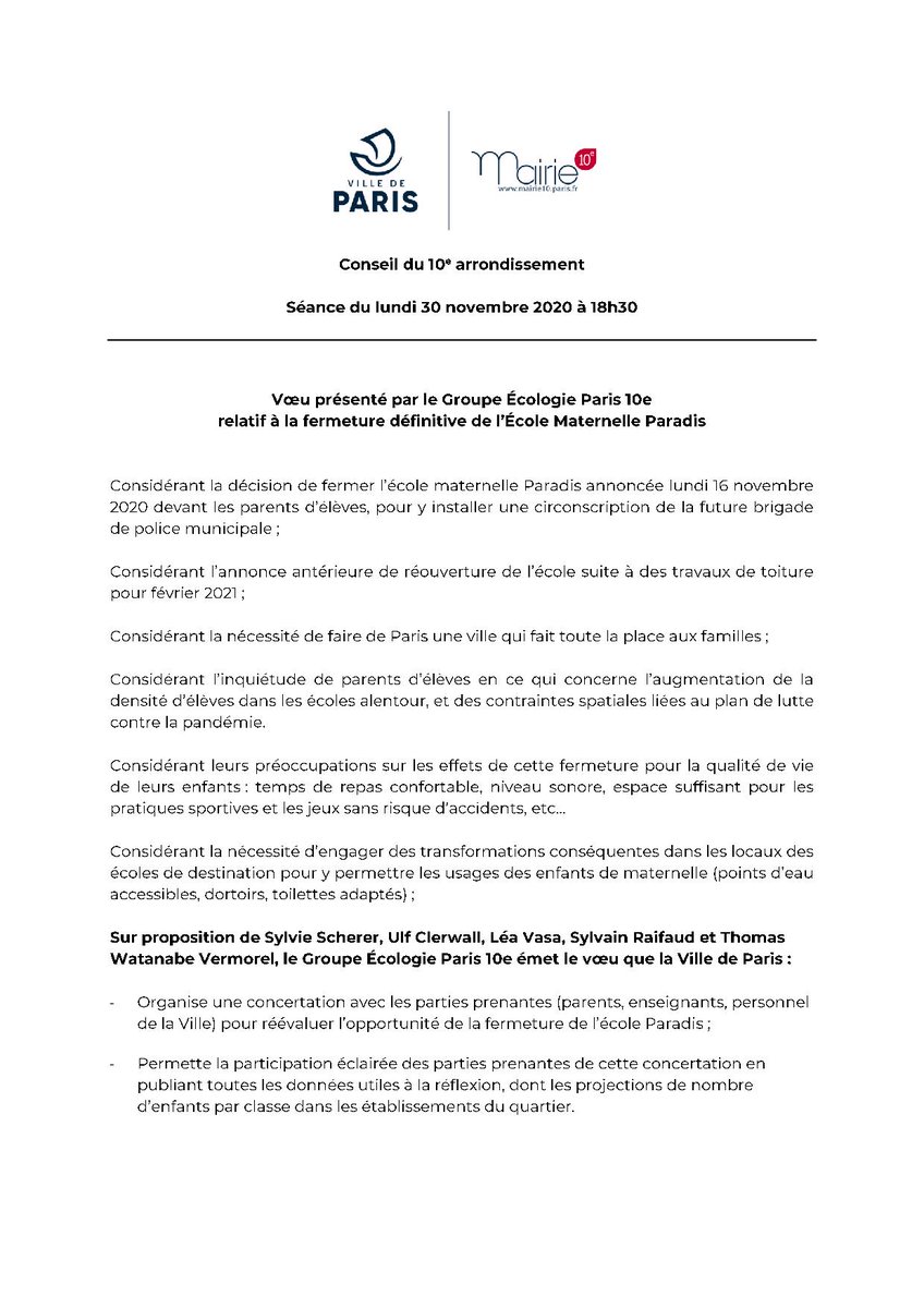 eelvParis10's tweet photo. En #CA10, les élu-es écolos soutiennent la demande de concertation des parents d'élèves de plusieurs écoles, relative à la fermeture de l'école Paradis pour y installer une antenne de police municipale, ainsi que d'une réflexion approfondie sur l'accueil des familles à #Paris10 https://t.co/HYBi1oAvpD