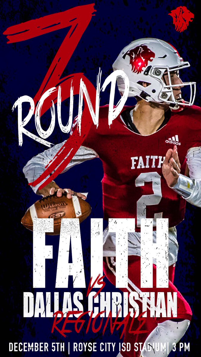 FB: Round 3 is set! 
December 5th | 3pm | Royse City ISD | Dallas Christian 
#faithfootball #tapps #playoffs