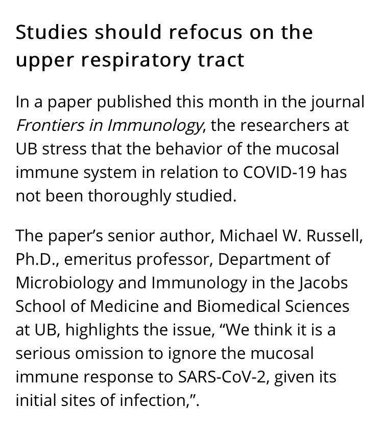 Researchers at SUNY Buffalo just published a paper highlighting the importance of mucosal immunity in determining effectiveness of Covid-19 vaccines. This type of immunity can likely only be achieved by intranasal vaccines like  $ALT and oral vaccines like  $VXRT