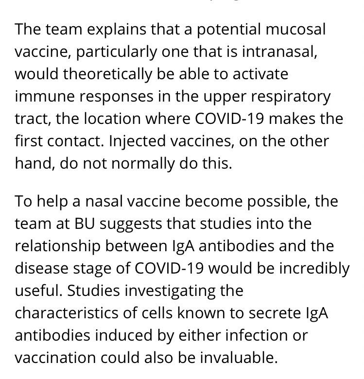 Researchers at SUNY Buffalo just published a paper highlighting the importance of mucosal immunity in determining effectiveness of Covid-19 vaccines. This type of immunity can likely only be achieved by intranasal vaccines like  $ALT and oral vaccines like  $VXRT