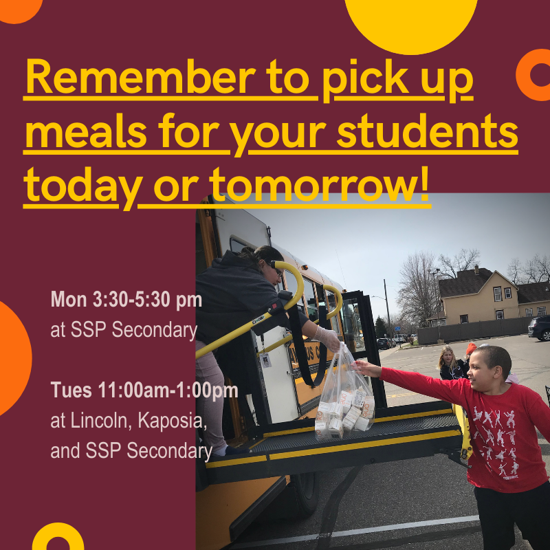 School meals are again being offered free to all children in South St. Paul ages birth to 18. For more information visit: sspps.org/Page/2881
Las comidas escolares se ofrecen nuevamente gratis a todos los chicos en South St. Paul desde cero hasta los 18 años.