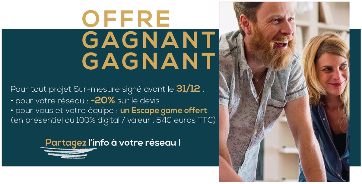 📢 PARTAGEZ pour GAGNER un Escape game pour vous et votre équipe!
Si un de vos contacts signe un projet sur-mesure* (Escape game) avec nous d'ici le 31/12
... on lui fait -20% sur le devis
... et on vous offre un Escape game (au choix) 

Alors partagez ! Merci :)

#escapegame