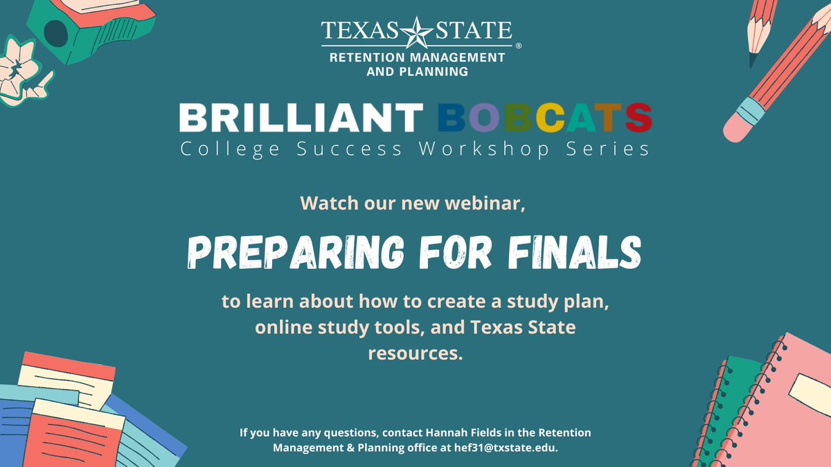 As the semester ends, preparing for finals can become overwhelming, but don't fret! Watch our Brilliant Bobcats "Preparing for Finals" webinar to learn how to create a study plan, online study tools, and Texas State Resources. Watch at the link below: 
ow.ly/cSM150CylCA