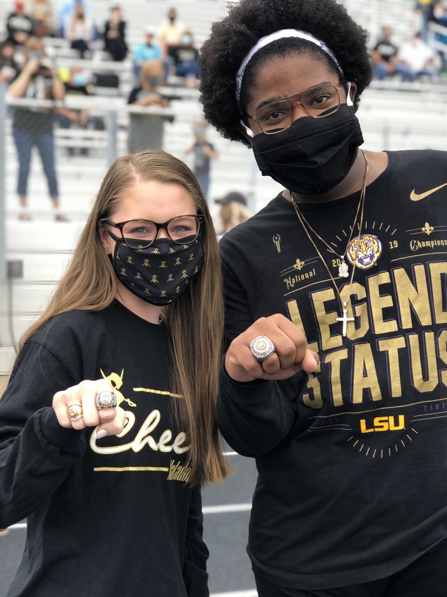 SeguinISD's tweet photo. Two National Champions, Keaghan Holt and John Blair from the Matador class of 2019 returned to Seguin High School to show some support for the Matador football team on Friday. Check out those championship rings! #CultivateInspireEmpower #MatadorPride https://t.co/3EExSne2qK
