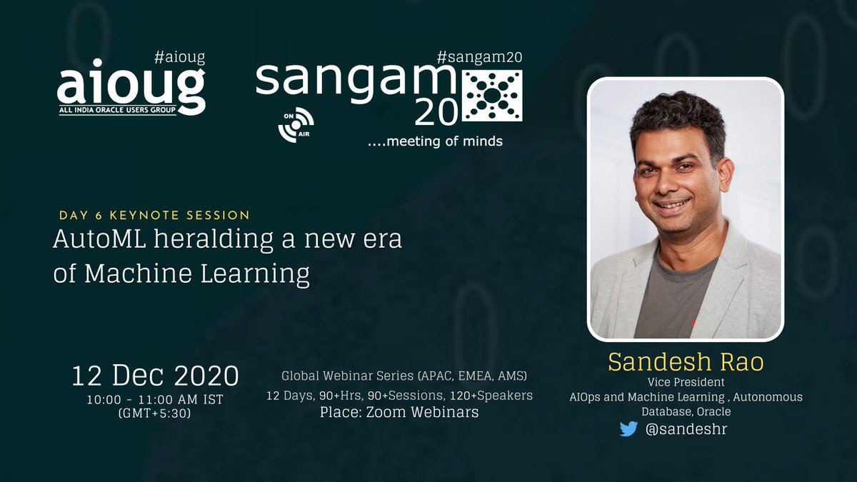 We're thrilled to announce Oracle VP, AIOps and Machine Learning, Autonomous Database Sandesh Rao <a href="/sandeshr/">Sandesh Rao</a>  is joining us at #Sangam20  as a keynote speaker! See who else is speaking and register for your complimentary pass today aioug.org/sangam20

<a href="/Oracle/">Oracle</a> <a href="/OracleDatabase/">Oracle Database</a>