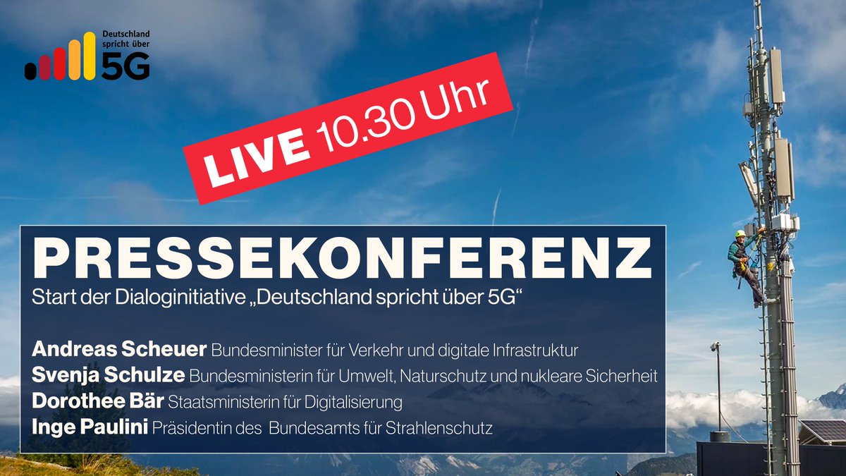 Obacht! 👀Morgen startet die große Dialoginitiative "Deutschland spricht über #5G"!😯Damit wollen wir euch &amp; die vielen Fragen zum Netzausbau aktiv einbinden. #Dspricht5G

Infos &amp; zahlreiche Formate findet ihr <a href="/dspricht5g/">Deutschland spricht über 5G</a>. Den Livestream zur PK gibt es morgen auch @bmvi.😎🎬